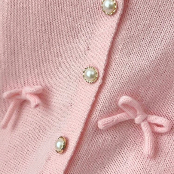 SolidColor Round Neck Knitted Cardigan With Bow Decor,Pink Top Elegant Outerwear - Picture 3 of 4